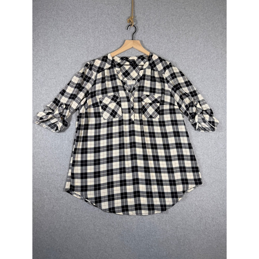 Torrid Harper Tunic Blouse Women 1 Black White Tartan Plaid Lightweight
